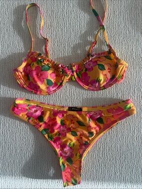 Nasty Gal Yellow Floral Bikini Bottom with Pink Flowers